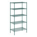 A green metal wire shelving unit with five shelves.