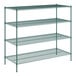 A green wire shelving unit with four shelves by Regency.