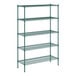 A Regency green metal wire shelving unit with five shelves.