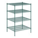 A Regency green wire shelving unit with four shelves.