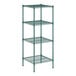 A green wire shelving unit with four shelves.