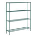 A Regency green metal wire shelving unit with four shelves.