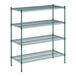 A green metal wire shelving unit with four shelves.