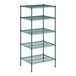 A green wire shelving unit with five shelves.