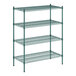 A green metal wire shelving unit with four shelves.