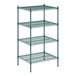 A Regency green wire shelving unit with four shelves.