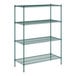 A green metal wire shelving unit with four shelves.