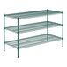 A green metal wire shelving unit with three shelves.