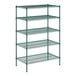 A green wire shelving unit with five shelves.