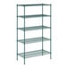 A green Regency wire shelving unit with four shelves.