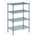 A green wire shelving unit with four shelves.