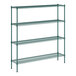 A green metal wire shelving unit with 4 shelves and 64" posts.