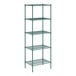 A green wire shelving unit with five shelves.