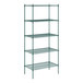 A green wire shelving unit with five shelves.