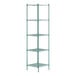 A green metal wire shelving unit with five shelves.