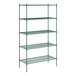 A green Regency wire shelving unit with five shelves.