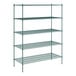 A green wire shelving unit with five shelves.