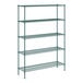 A green metal Regency wire shelving unit with five shelves.