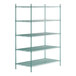 A green Regency metal wire shelving unit with four shelves.