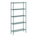 A green metal wire shelving unit with five shelves.