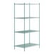 A green metal Regency wire shelving unit with three shelves.