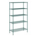 A green Regency wire shelving unit with four shelves.