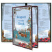 Seafood menu with blue text and a red lobster on a white background.