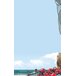 Menu paper with a blue sky, clouds, and a cartoon of a lobster trap with a net.