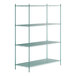 A green Regency wire shelving unit with four shelves.