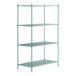 A green metal Regency wire shelving unit with three shelves.