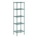 A green metal Regency wire shelving unit with four shelves.