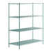 A green metal Regency wire shelving unit with four shelves.