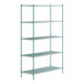 A green metal Regency wire shelving unit with four shelves.