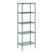 A green metal Regency wire shelving unit with five shelves.