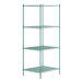 A green metal Regency wire shelving unit with four shelves.