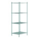 A green metal Regency wire shelving unit with four shelves.