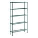 A green metal wire shelving unit with five shelves.