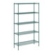 A green Regency wire shelving unit with five shelves.