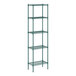 A green metal wire shelving unit with four shelves.