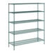 A green wire shelving unit with five shelves.