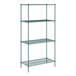 A green metal wire shelving unit with four shelves.