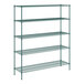 A Regency green wire shelving unit with 5 shelves and posts.