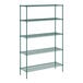 A green metal Regency wire shelving unit with four shelves.