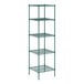 A green wire shelving unit with five shelves.