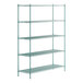 A green metal Regency wire shelving unit with four shelves.