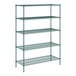 A Regency green metal wire shelving unit with five shelves.