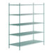 A green Regency wire shelving unit with five shelves.