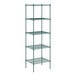 A green metal Regency wire shelving unit with five shelves.