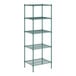 A green wire Regency shelving unit with four shelves.