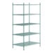 A green metal Regency wire shelving unit with four shelves.